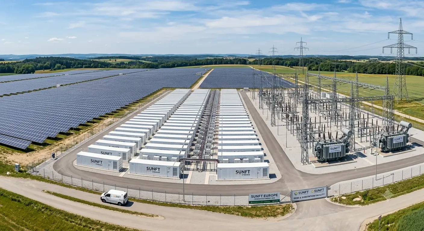 Aerial view of the Saxony solar and battery storage project with its substation